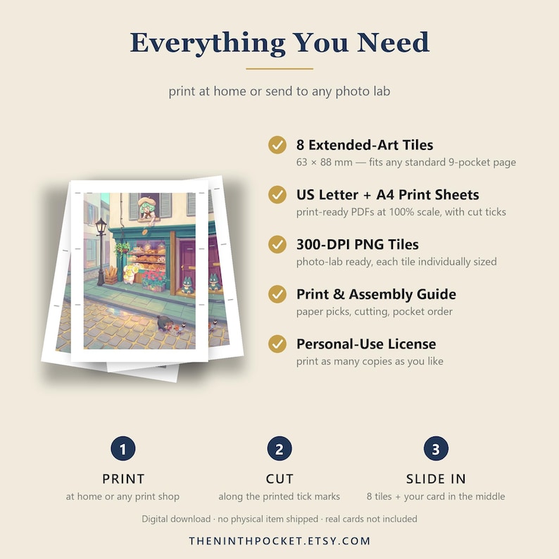 May include: A digital download product listing titled Everything You Need, featuring 8 extended-art tiles measuring 63 x 88 mm, US Letter and A4 print sheets, 300-DPI PNG tiles, a print and assembly guide, and a personal-use license for cards.