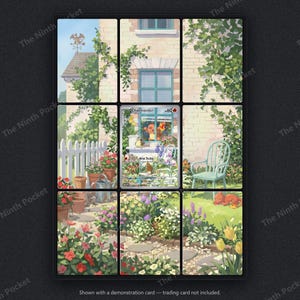 May include: A nine-panel grid display featuring a garden scene with a white picket fence, a light blue chair, and various flowers. The centre panel contains a Charmander trading card with 60 HP and the Heat Tackle move, set against a brick house.