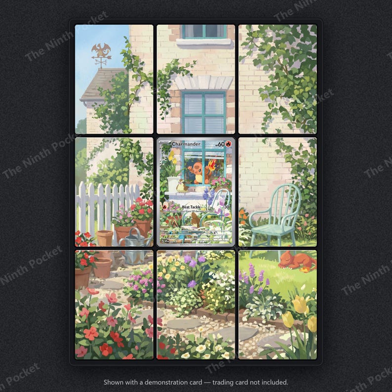 May include: A nine-panel grid display featuring a garden scene with a white picket fence, a light blue chair, and various flowers. The centre panel contains a Charmander trading card with 60 HP and the Heat Tackle move, set against a brick house.