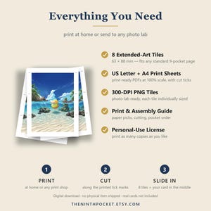 Op de afbeelding: Een digitale downloadgids getiteld Everything You Need met 8 uitgebreide kunsttegels van 63 x 88 mm, A4-printvellen, 300-DPI PNG-bestanden, een print- en montagehandleiding en een licentie voor persoonlijk gebruik voor het afdrukken.