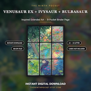Venusaur ex, Ivysaur & Bulbasaur inspirerad utökad konst | Pärm med 9 fickor | TCG-display med 3 kort | Utskrivbar digital nedladdning bild 1