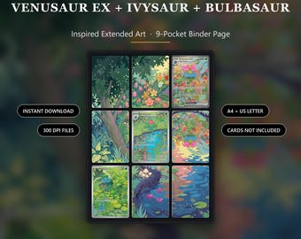 Arte extendido inspirado en Venusaur ex, Ivysaur y Bulbasaur / Página para carpeta de 9 bolsillos / Exhibidor de 3 cartas TCG / Descarga digital imprimible