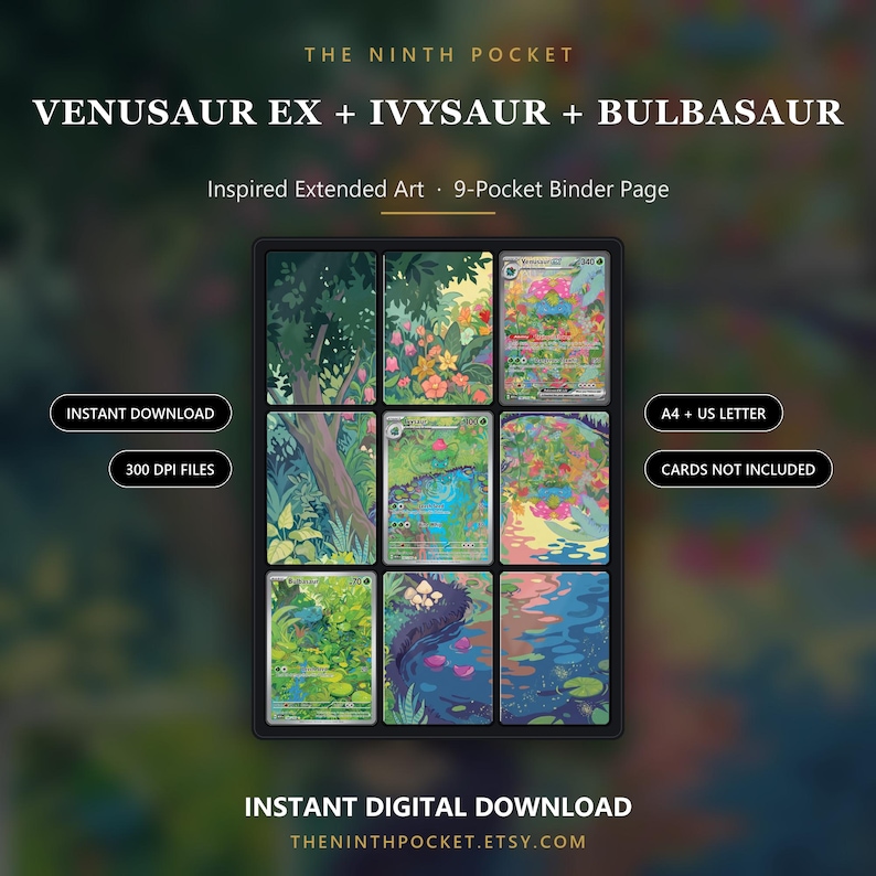 Venusaur ex, Ivysaur & Bulbasaur inspirerad utökad konst | Pärm med 9 fickor | TCG-display med 3 kort | Utskrivbar digital nedladdning bild 1