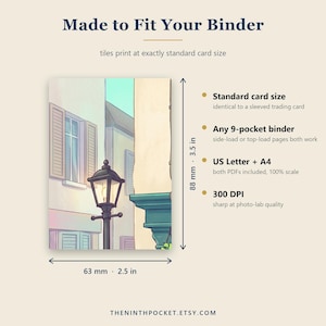 May include: A rectangular card featuring an illustration of a street lamp in front of buildings. Text reads Made to Fit Your Binder, Standard card size, Any 9-pocket binder, US Letter + A4, 300 DPI. Dimensions are 3.5 inches by 2.5 inches.