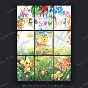 May include: A nine-panel grid display featuring a central Pikachu trading card surrounded by an illustration of colorful floating gemstones, green grass, and mushrooms. The text at the bottom reads: Shown with a demonstration card &mdash; trading card not included.