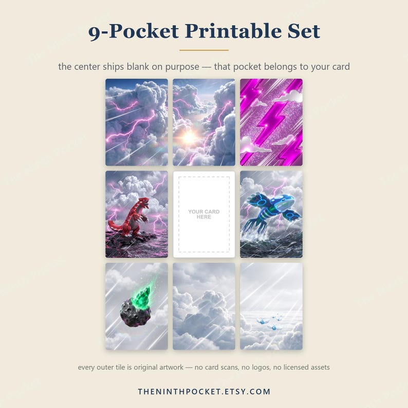 Puede incluir: Un conjunto imprimible de 9 bolsillos con una cuadr&iacute;cula de tarjetas que muestran nubes, rayos, una criatura roja, una criatura azul y un meteoro verde brillante. La tarjeta central est&aacute; en blanco con el texto YOUR CARD HERE.
