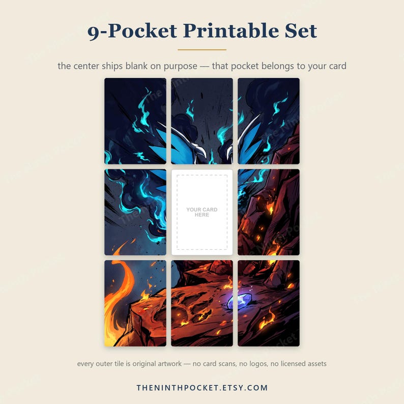 Peut inclure: Un ensemble imprimable de 9 pochettes pr&eacute;sentant une grille d'illustrations avec des flammes bleues et un terrain rocheux. La pochette centrale est vide avec le texte 'YOUR CARD HERE' dans un cadre en pointill&eacute;s. Le titre est '9-Pocket Printable Set'.