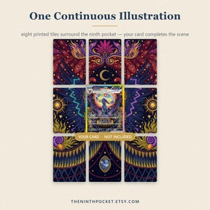 May include: A set of eight printed tiles arranged in a grid with a central empty space for a trading card. The tiles feature a dark, ornate illustration with purple, gold, and red celestial motifs, including moons, suns, and feathers. Text reads: One Continuous Illustration, eight printed tiles surround the ninth pocket &mdash; your card completes the scene, YOUR CARD - NOT INCLUDED, and THENINTHPOCKET.ETSY.COM.