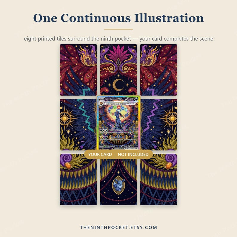 May include: A set of eight printed tiles arranged in a grid with a central empty space for a trading card. The tiles feature a dark, ornate illustration with purple, gold, and red celestial motifs, including moons, suns, and feathers. Text reads: One Continuous Illustration, eight printed tiles surround the ninth pocket &mdash; your card completes the scene, YOUR CARD - NOT INCLUDED, and THENINTHPOCKET.ETSY.COM.