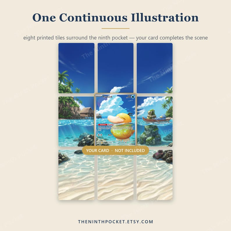 Op de afbeelding: Een set van acht bedrukte tegels met een doorlopende tropische strandillustratie met blauwe luchten, palmbomen en water. De middelste ruimte is leeg voor een ruilkaart, gelabeld met de tekst YOUR CARD - NOT INCLUDED.