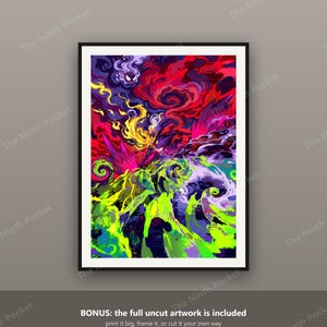Pode incluir: Uma impress&atilde;o de arte retangular numa moldura preta com uma ilustra&ccedil;&atilde;o abstrata e vibrante de uma criatura escura com olhos amarelos brilhantes, rodeada por nuvens rodopiantes de fumo vermelho, roxo, amarelo e verde n&eacute;on.