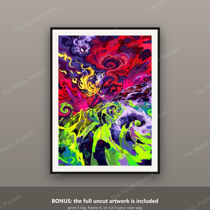 Pode incluir: Uma impress&atilde;o de arte retangular numa moldura preta com uma ilustra&ccedil;&atilde;o abstrata e vibrante de uma criatura escura com olhos amarelos brilhantes, rodeada por nuvens rodopiantes de fumo vermelho, roxo, amarelo e verde n&eacute;on.