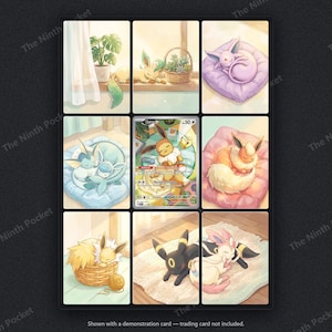 May include: A collection of nine illustrated trading card slots featuring various Eevee evolutions in cozy, sleeping poses. The center slot contains a single Eevee trading card with the text 'Eevee' and 'Reckless Charge'. The surrounding slots show artistic depictions of sleeping Pok&eacute;mon on cushions, in baskets, and on rugs.