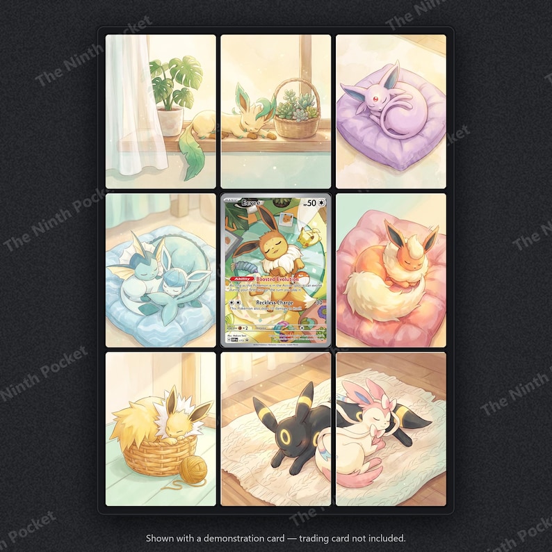 May include: A collection of nine illustrated trading card slots featuring various Eevee evolutions in cozy, sleeping poses. The center slot contains a single Eevee trading card with the text 'Eevee' and 'Reckless Charge'. The surrounding slots show artistic depictions of sleeping Pok&eacute;mon on cushions, in baskets, and on rugs.