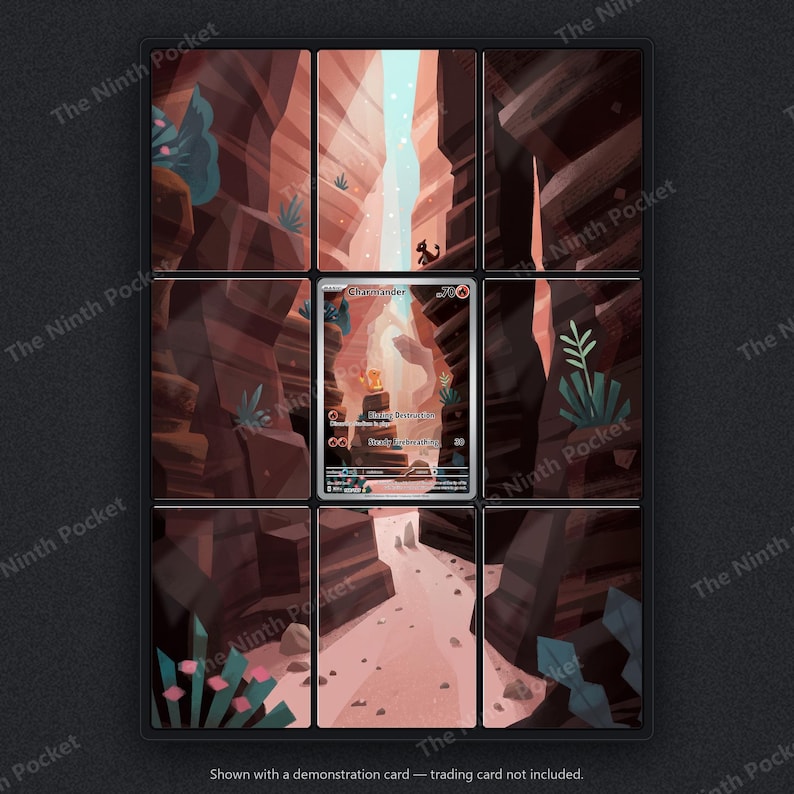 May include: A nine-panel grid display frame featuring a canyon landscape illustration with a central Charmander trading card. The artwork depicts brown rock formations, light-colored paths, and small plants. The text The Ninth Pocket is visible.