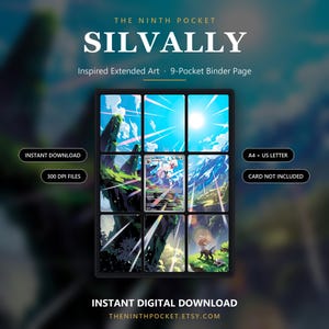May include: A 9-pocket binder page featuring extended art of a landscape with a Silvally trading card placed in the center. The artwork displays a bright sun, blue sky, and rocky terrain. Text includes THE NINTH POCKET, SILVALLY, and 300 DPI FILES.