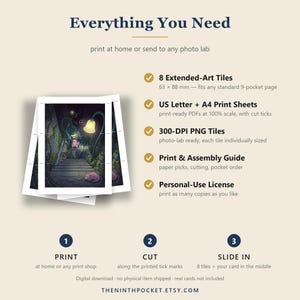May include: A digital download guide titled Everything You Need featuring a stack of printed art tiles. It lists 8 Extended-Art Tiles at 63 x 88 mm, US Letter and A4 print sheets, 300-DPI PNG tiles, a print and assembly guide, and a personal-use license.
