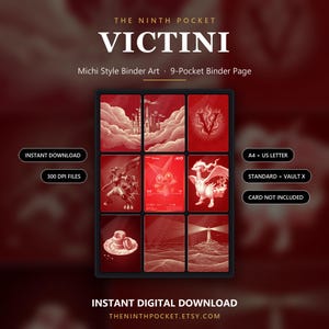 Peut inclure: Une page de classeur &agrave; 9 pochettes en t&eacute;l&eacute;chargement num&eacute;rique intitul&eacute;e THE NINTH POCKET VICTINI. La mise en page pr&eacute;sente neuf illustrations dans les tons rouges, dont un ch&acirc;teau, un symbole V, un phare et diverses cr&eacute;atures. Le texte inclut INSTANT DOWNLOAD, 300 DPI FILES, A4 + US LETTER, STANDARD + VAULT X et CARD NOT INCLUDED.