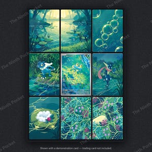May include: A grid of nine rectangular panels featuring a blue frog-like creature in a pond setting. The center panel displays a Froakie trading card with 70 HP, while surrounding panels show lush green foliage, water lilies, and bubbles.