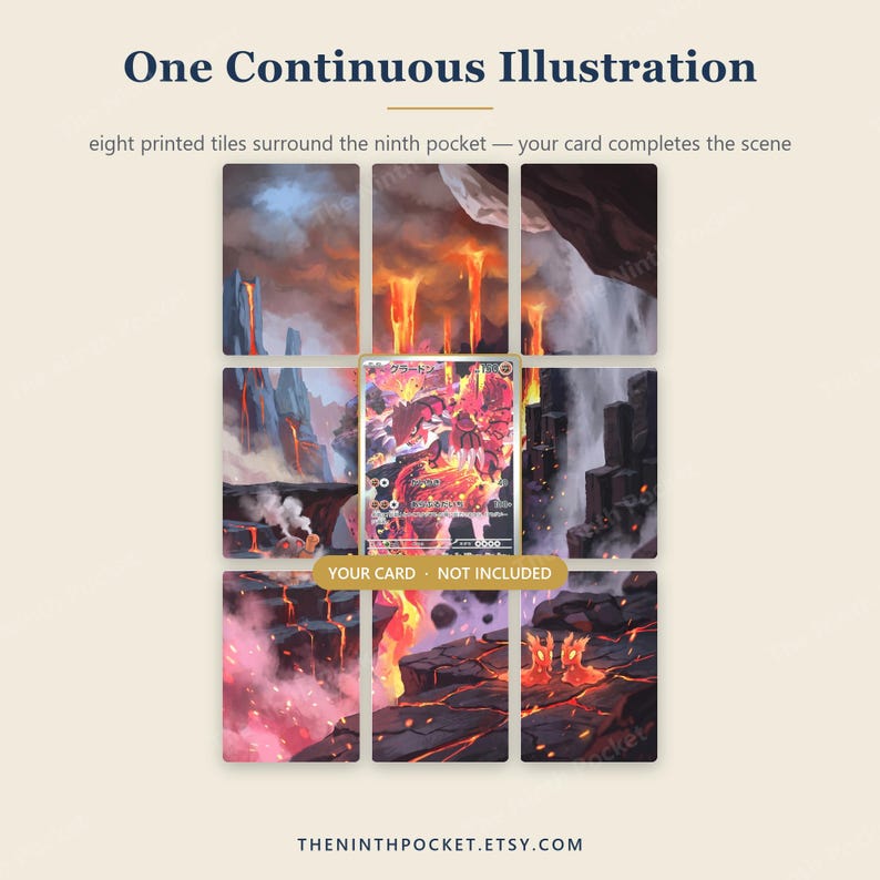 May include: A display of eight rectangular tiles arranged in a grid, featuring a continuous volcanic landscape illustration with lava flows and rocky terrain. A central space is reserved for a trading card, labeled YOUR CARD NOT INCLUDED.