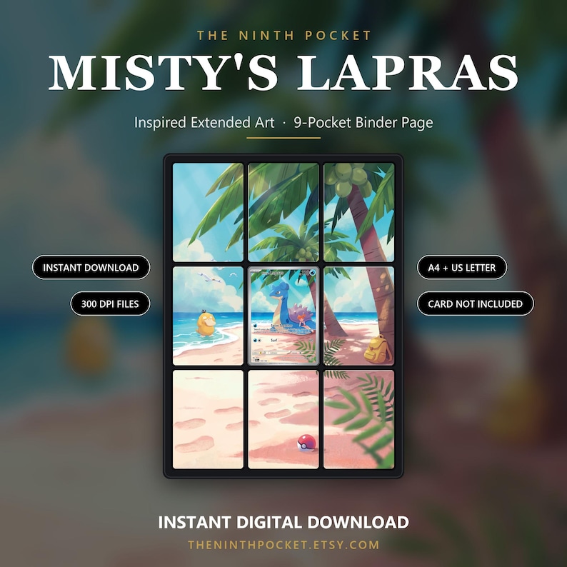 May include: A 9-pocket binder page featuring a beach scene with palm trees, a yellow creature in the water, a backpack, and a red and white ball on the sand. The center pocket displays a blue creature card. Text includes THE NINTH POCKET MISTY'S LAPRAS.