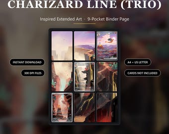 Charizard ex, Charmeleon och Charmander-inspirerad utökad konst | Pärm med 9 fickor | TCG-display med 3 kort | Utskrivbar digital nedladdning