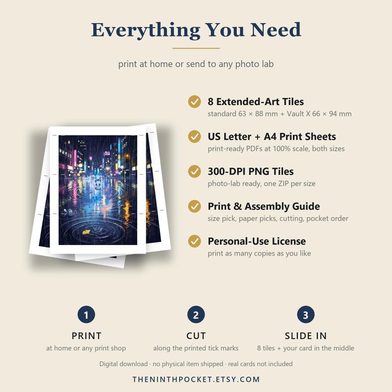 May include: A digital download guide titled Everything You Need, featuring a rainy city street illustration. It lists 8 extended-art tiles in 63 x 88 mm and 66 x 94 mm sizes, US Letter and A4 print sheets, 300-DPI PNG tiles, a guide, and a license.