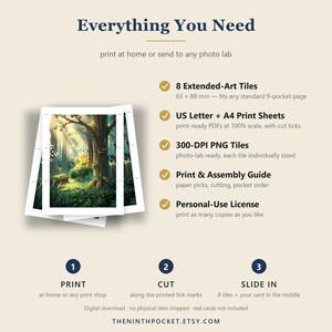 May include: A digital download product listing titled Everything You Need, featuring a forest illustration with 8 extended-art tiles measuring 63 x 88 mm, US letter and A4 print sheets, 300-DPI PNG files, an assembly guide, and a personal-use license.