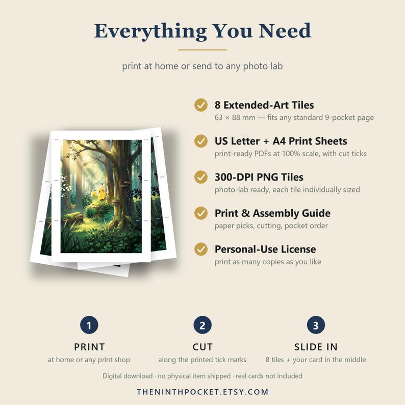 May include: A digital download product listing titled Everything You Need, featuring a forest illustration with 8 extended-art tiles measuring 63 x 88 mm, US letter and A4 print sheets, 300-DPI PNG files, an assembly guide, and a personal-use license.