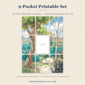 Peut inclure: Un ensemble imprimable de 9 pochettes pr&eacute;sentant une grille d'illustrations &agrave; l'aquarelle d'arbres, de feuillage et d'un chat endormi. La pochette centrale est vide avec le texte 'YOUR CARD HERE'. Le titre est '9-Pocket Printable Set' et le bas 'THENINTHPOCKET.ETSY.COM'.