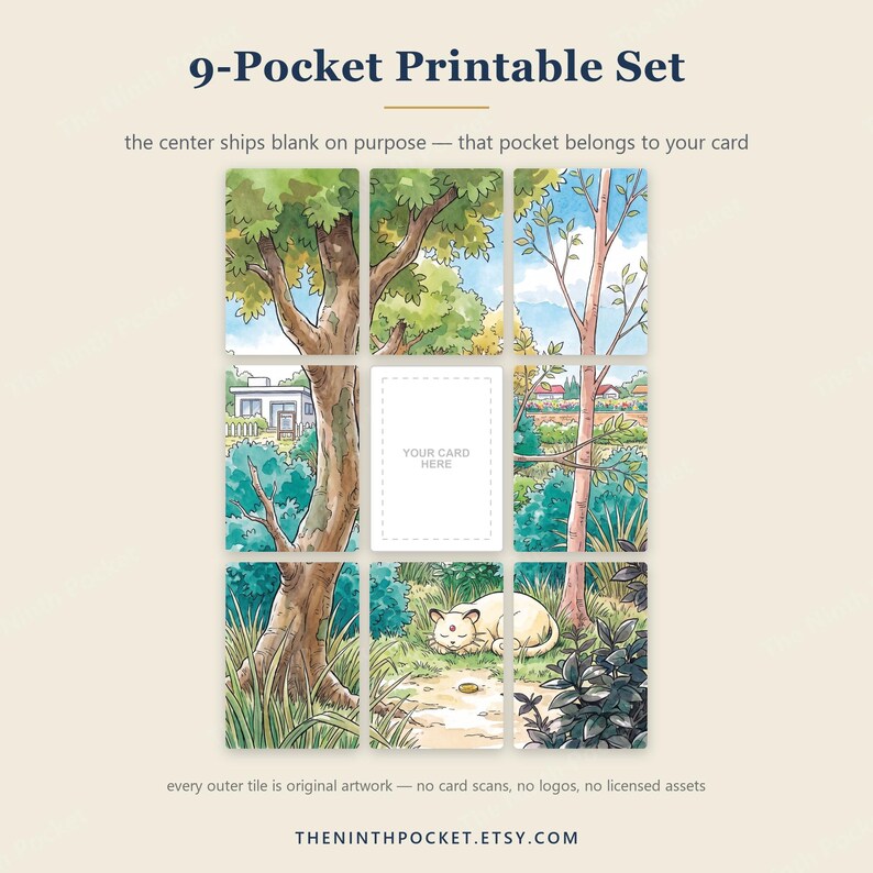 Peut inclure: Un ensemble imprimable de 9 pochettes pr&eacute;sentant une grille d'illustrations &agrave; l'aquarelle d'arbres, de feuillage et d'un chat endormi. La pochette centrale est vide avec le texte 'YOUR CARD HERE'. Le titre est '9-Pocket Printable Set' et le bas 'THENINTHPOCKET.ETSY.COM'.