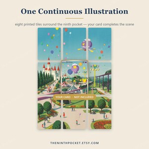 May include: A set of eight printed tiles arranged in a grid to form a continuous illustration of an amusement park scene, featuring a castle, trees, and people. A central space is left open for a trading card, labelled YOUR CARD - NOT INCLUDED.