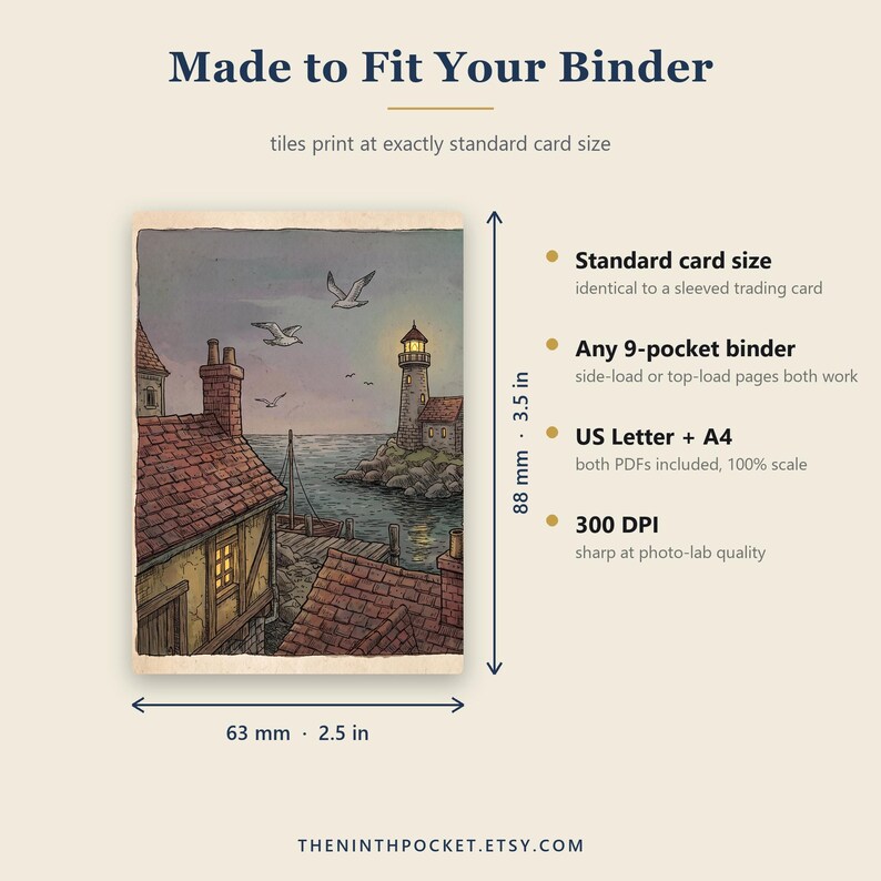 May include: A rectangular card featuring a lighthouse illustration with red-roofed buildings, seagulls, and a sea view. Text includes Made to Fit Your Binder, 88 mm by 63 mm, 3.5 in by 2.5 in, Standard card size, Any 9-pocket binder, US Letter + A4, 300 DPI.