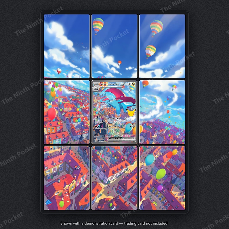 K&ouml;nnte beinhalten: Ein neunteiliger Raster-Displayrahmen mit einer zentralen Salamence ex-Sammelkarte. Das Hintergrundbild zeigt eine farbenfrohe Stadt mit rot gedeckten Geb&auml;uden und zahlreichen schwebenden Luftballons unter einem hellblauen Himmel.
