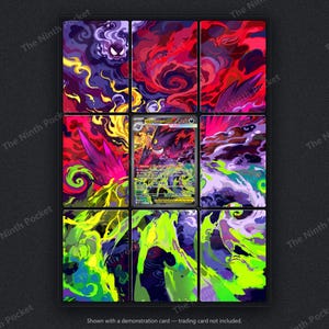Pode incluir: Uma moldura de exibi&ccedil;&atilde;o de nove pain&eacute;is com um cart&atilde;o colecion&aacute;vel Mega Gengar EX central cercado por oito pain&eacute;is de arte decorativa. A arte exibe nuvens rodopiantes de fuma&ccedil;a roxa, vermelha e verde neon com figuras fantasmag&oacute;ricas.
