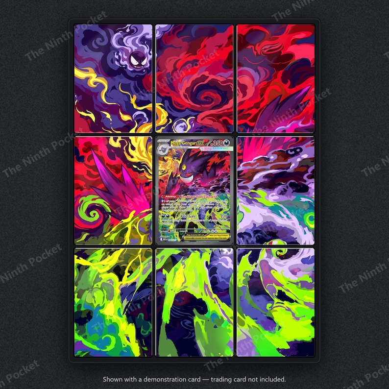Pode incluir: Uma moldura de exibi&ccedil;&atilde;o de nove pain&eacute;is com um cart&atilde;o colecion&aacute;vel Mega Gengar EX central cercado por oito pain&eacute;is de arte decorativa. A arte exibe nuvens rodopiantes de fuma&ccedil;a roxa, vermelha e verde neon com figuras fantasmag&oacute;ricas.