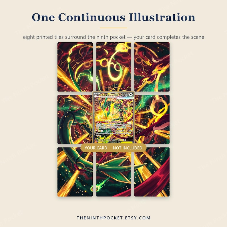 May include: A display set of eight printed tiles featuring a continuous illustration of a green dragon-like creature with yellow energy effects. The tiles are arranged in a grid with a central empty space labeled YOUR CARD NOT INCLUDED.