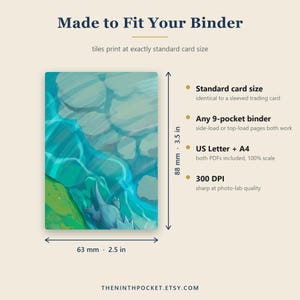 Puede incluir: Una tarjeta rectangular con una ilustraci&oacute;n de agua azul y piedras, que mide 63 mm por 88 mm. El texto incluye Made to Fit Your Binder, Standard card size, Any 9-pocket binder, US Letter + A4, 300 DPI y THENINTHPOCKET.ETSY.COM.