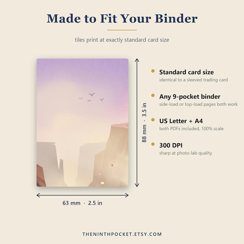 Puede incluir: Una tarjeta rectangular con una ilustraci&oacute;n de paisaje de acantilados bajo un cielo morado con p&aacute;jaros. El texto incluye Made to Fit Your Binder, Standard card size, Any 9-pocket binder, US Letter + A4, 300 DPI y medidas de 63 mm por 88 mm.