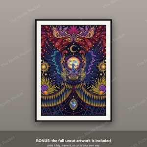 May include: A framed vertical art print featuring a central dark blue creature with large wings, surrounded by a vibrant, symmetrical pattern of purple, gold, and red floral and celestial motifs, including a crescent moon and sun symbols.