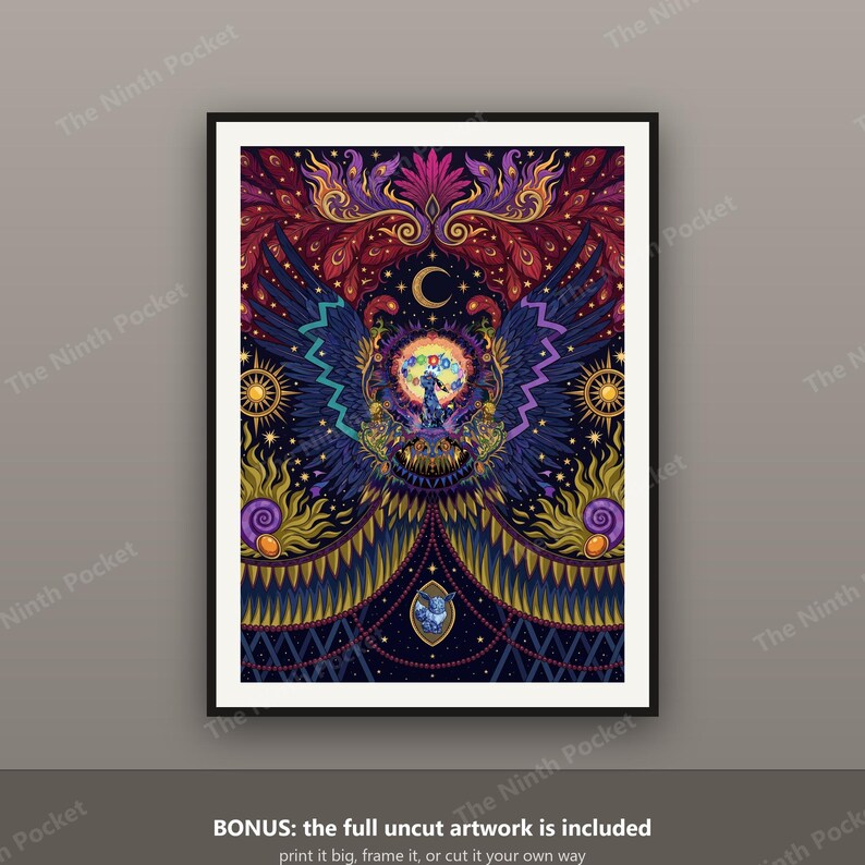 May include: A framed vertical art print featuring a central dark blue creature with large wings, surrounded by a vibrant, symmetrical pattern of purple, gold, and red floral and celestial motifs, including a crescent moon and sun symbols.