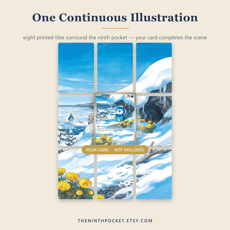 May include: Eight rectangular tiles arranged in a grid, featuring a continuous winter landscape illustration with snow, ice, and yellow flowers. A central empty slot is labeled YOUR CARD - NOT INCLUDED. Text reads One Continuous Illustration.