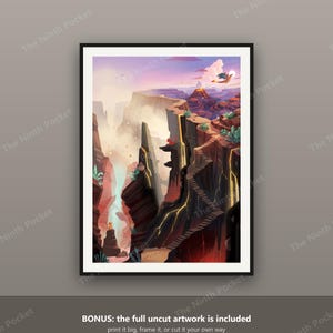 Puede incluir: Una impresi&oacute;n art&iacute;stica vertical enmarcada que representa un paisaje de ca&ntilde;&oacute;n con formaciones rocosas escarpadas, una escalera de piedra sinuosa y un volc&aacute;n distante. La escena presenta una peque&ntilde;a criatura voladora, flujos de lava.