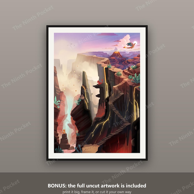 Puede incluir: Una impresi&oacute;n art&iacute;stica vertical enmarcada que representa un paisaje de ca&ntilde;&oacute;n con formaciones rocosas escarpadas, una escalera de piedra sinuosa y un volc&aacute;n distante. La escena presenta una peque&ntilde;a criatura voladora, flujos de lava.
