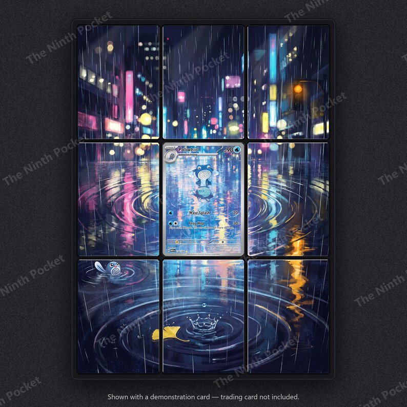 May include: A multi-panel wall art display featuring a rainy city street scene at night with vibrant neon lights reflecting in puddles. A single Poliwhirl trading card is centered in the middle panel, surrounded by ripples and a yellow leaf.