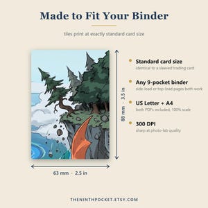 Puede incluir: Una tarjeta rectangular con una ilustraci&oacute;n de un paisaje de acantilado con pinos y un ala naranja. El texto incluye Made to Fit Your Binder, 88 mm por 63 mm, 3.5 in por 2.5 in, Standard card size, Any 9-pocket binder, US Letter + A4, 300 DPI.