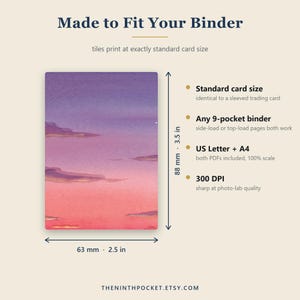Puede incluir: Una tarjeta rectangular con un degradado de atardecer morado y rosa y nubes. El texto incluye Made to Fit Your Binder, Standard card size, Any 9-pocket binder, US Letter + A4, 300 DPI. Dimensiones 63 mm por 88 mm indicadas con flechas.