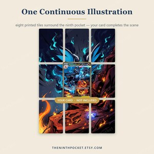 Peut inclure: Un cadre de pr&eacute;sentation compos&eacute; de huit tuiles imprim&eacute;es formant une illustration continue autour d'un neuvi&egrave;me emplacement vide. Le texte indique One Continuous Illustration, eight printed tiles surround the ninth pocket &mdash; your card completes the scene, YOUR CARD &middot; NOT INCLUDED, et THENINTHPOCKET.ETSY.COM.