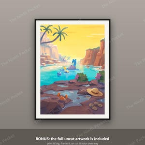 May include: A framed art print featuring a vibrant coastal landscape with a blue sea creature in turquoise water, a bright yellow sky, rocky cliffs, a small orange crab on dark rocks, a straw hat, and a pair of sandals in the foreground.