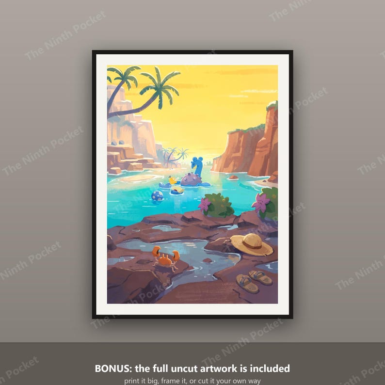 May include: A framed art print featuring a vibrant coastal landscape with a blue sea creature in turquoise water, a bright yellow sky, rocky cliffs, a small orange crab on dark rocks, a straw hat, and a pair of sandals in the foreground.